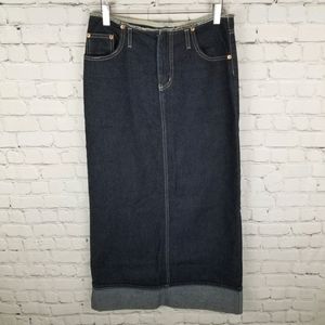 MANAGER | long high slit cuffed denim skirt